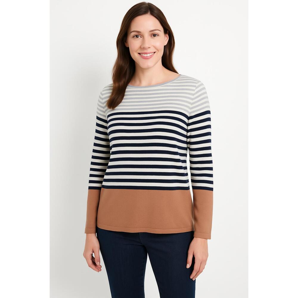 Talbots Womens Sz L Camel Grey Black Striped L/S Blouse Shirt Winter Cozy Warm
